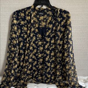Lulu's Midnight Blue and Gold Floral Blouse